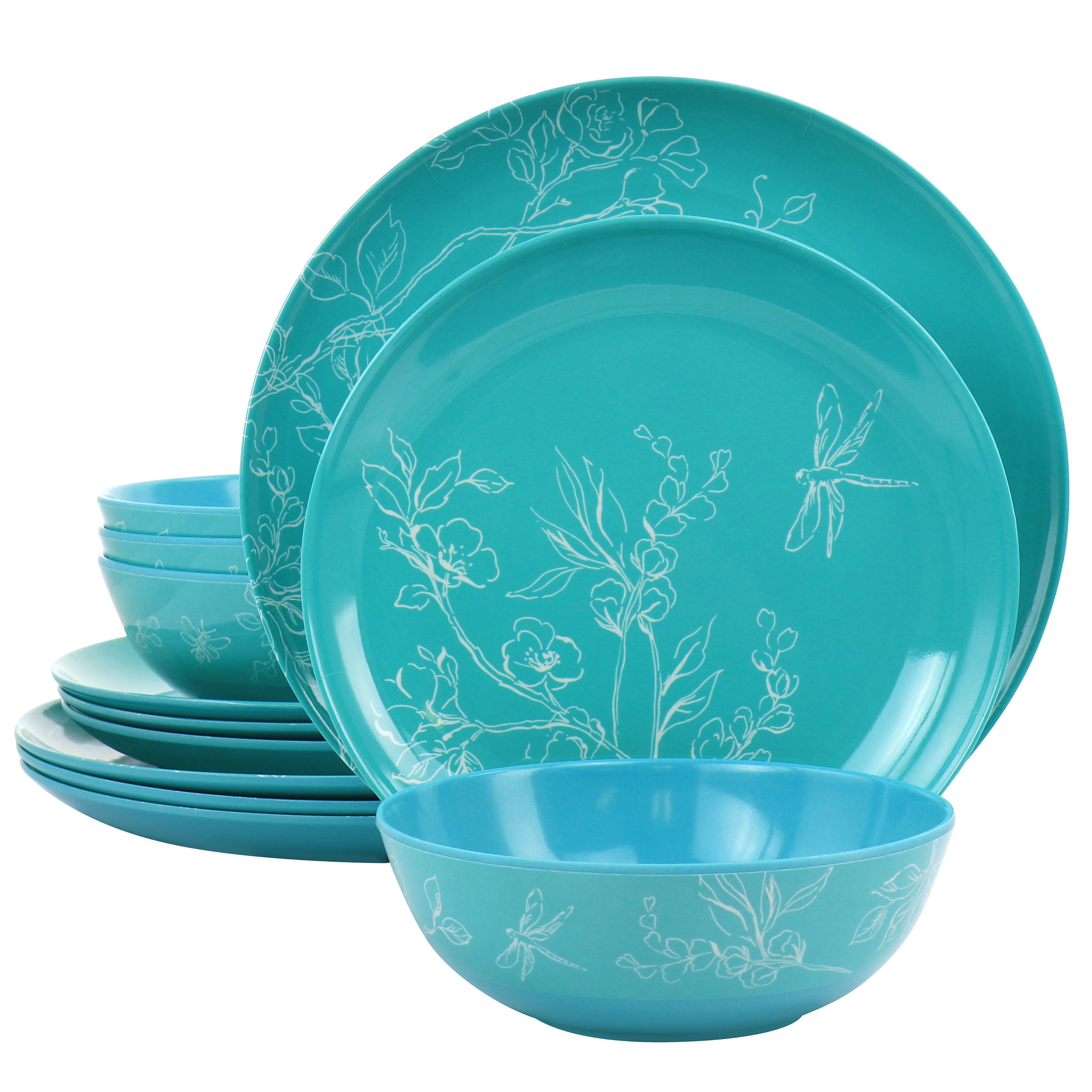 Martha Stewart Everyday 12 Piece Leafy FLoral Melamine Dinnerware Set in Turquoise