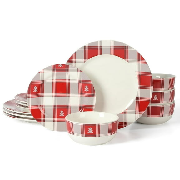 Martha Stewart Everyday 12 Piece Plaid Decorated Round Stoneware Dinnerware Set in Red and White