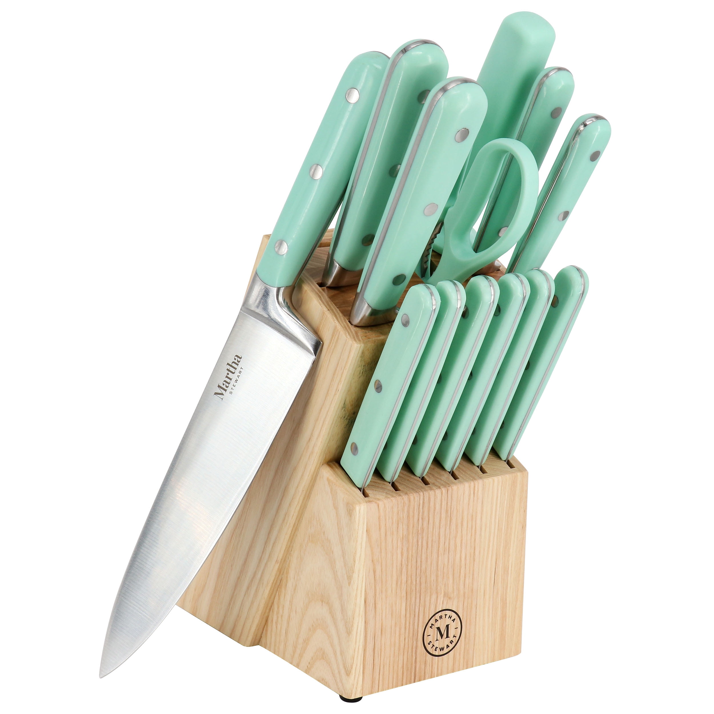 Martha Stewart Everyday 14 Piece Stainless Steel Cutlery and Wood Block Set in Mint