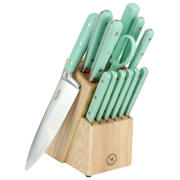 Martha Stewart Everyday 14 Piece Stainless Steel Cutlery and Wood Block Set in Mint