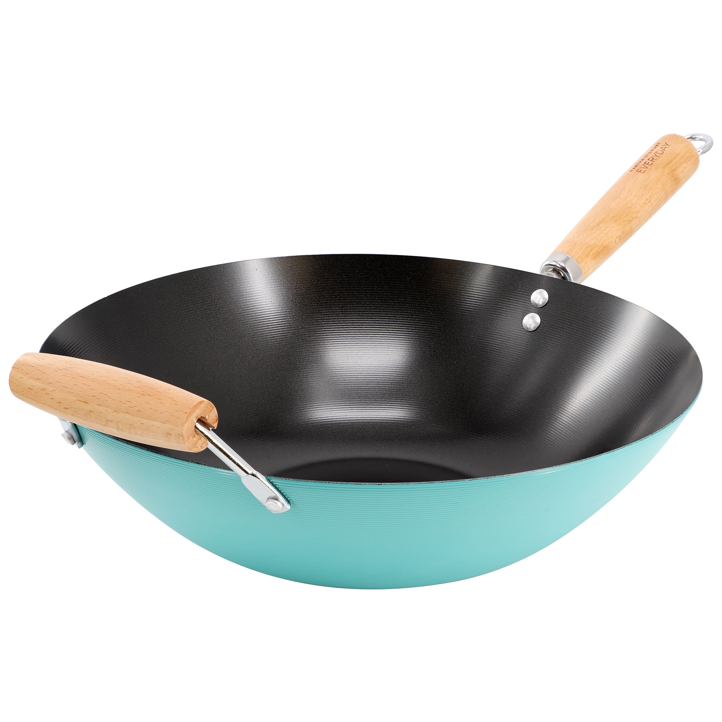 Teal 14 Inch Nonstick Carbon Steel Wok with Wooden Handle