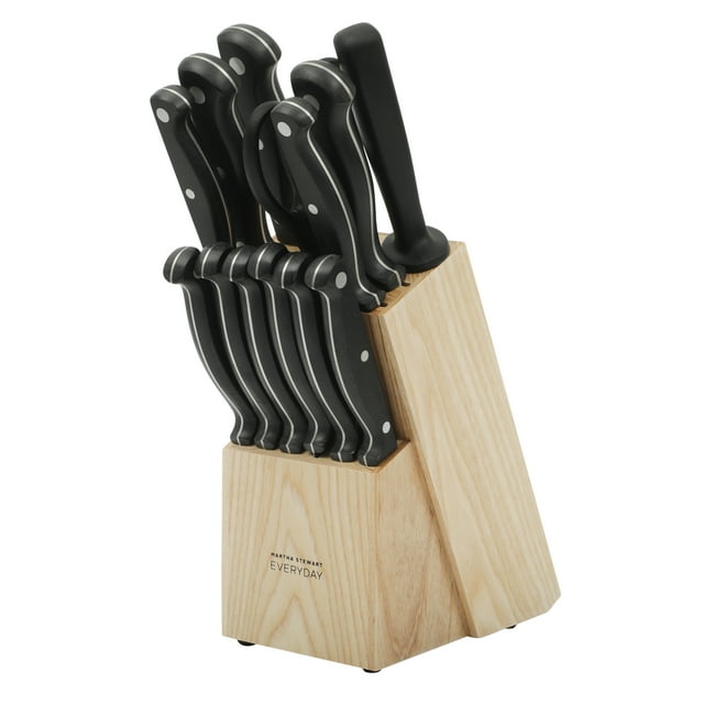 Martha Stewart Everyday Keswick 14-Piece Stainless Steel Kitchen Knife Set with Wood Block, Black