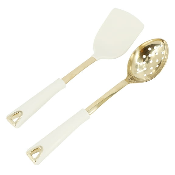 Martha Stewart Everyday Lockton 2 Piece Stainless Steel Turner and Slotted Spoon Kitchen Tool Set in Linen w/ Gold