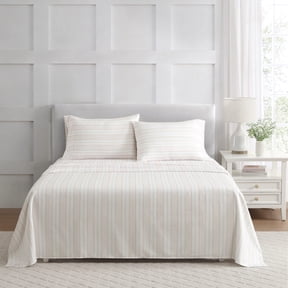 Martha Stewart Everyday Madison Stripe 4-Piece White/Pearl Peach Microfiber Queen Sheet Set