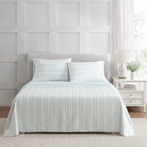 Martha Stewart Everyday Madison Stripe 4-Piece White/Winter Blue Microfiber Full Sheet Set