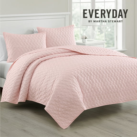 Martha Stewart Everyday Ultra Soft Brushed 100% Premium Microfiber 3 Piece King Quilt Set, 1 Quilt 90" x 90" with 2 Pillow Shams, Lightweight & Durable Bedding, Coverlet For All Season, Pink