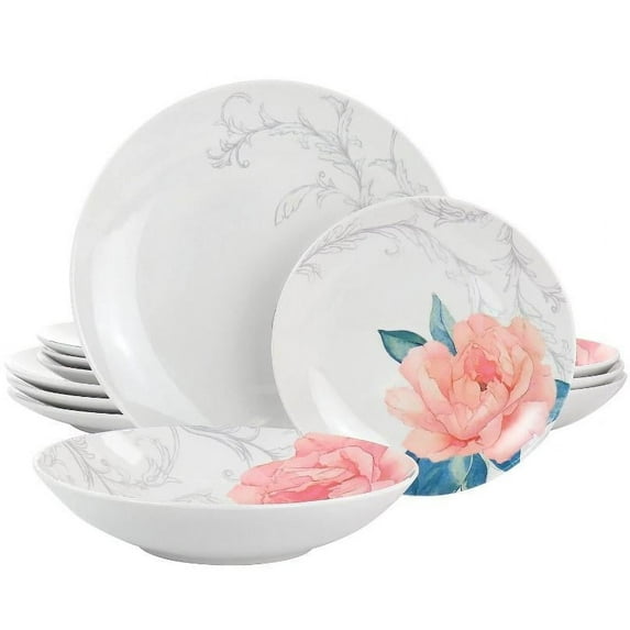 Martha Stewart Fine Ceramic Floral Dinnerware Set, White