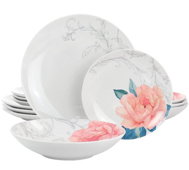 White Ceramic Floral 12-Piece Dinnerware Set