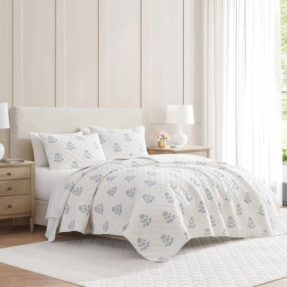 Martha Stewart Flower Block Print Winter Blue Twin Quilt Set, Lightweight Layered Bedding, Machine Washable
