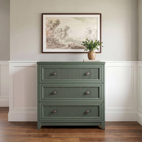 Martha Stewart Fluted Modular 3-Drawer Wooden Storage Media Cabinet with Gunmetal Hardware, Solid Wood Frame and Legs, Fern Green