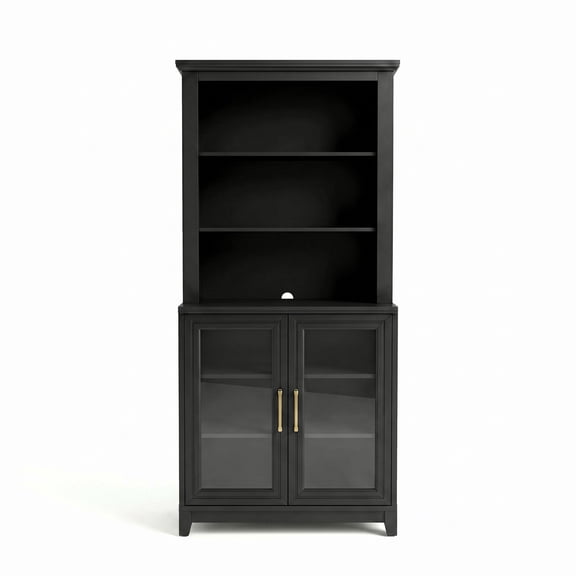 Martha Stewart Fluted Modular Cabinet and Hutch Set, Gold Hardware, Open Top Shelves, Soft-Close Glass Doors, Black