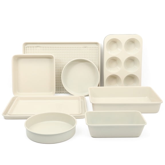 Martha Stewart Gallen 10 Piece Baking Pans Ceramic PFA Free Non Toxic Non Stick Bakeware Set - Linen White