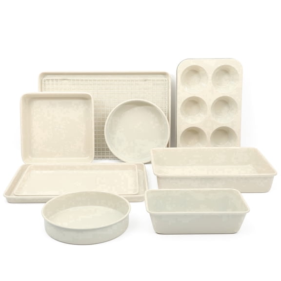 Martha Stewart Gallen 10-Piece Carbon Steel Ceramic Nonstick Bakeware Set, Linen White