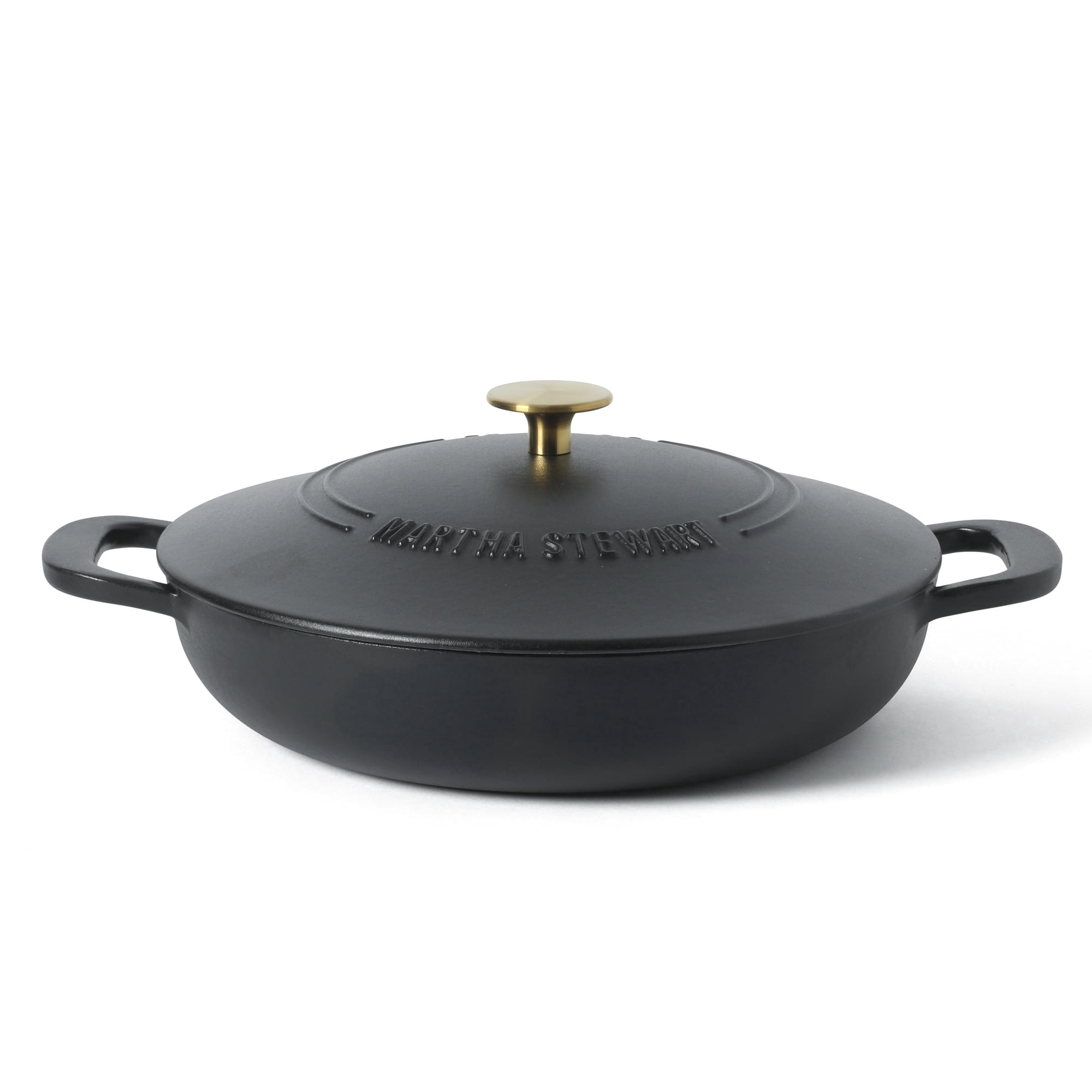 Martha Stewart Gatwick Enameled Cast Iron Braiser with Lid, 3.5-Quart Braiser Pan for Stovetop & Oven, Cast Iron Braising Pan with Gold Knob, Matte Black