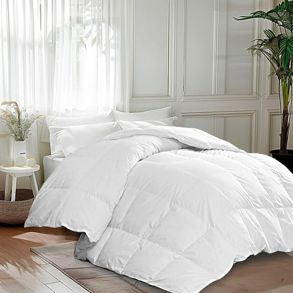 Martha Stewart Goose Feather Down Fiber Cotton Comforter Queen Size, Feather Duvet Insert Queen, Hotel Collection Hypoallergenic Comforter 58oz All Season Medium Warmth 90 x 90 Inch White