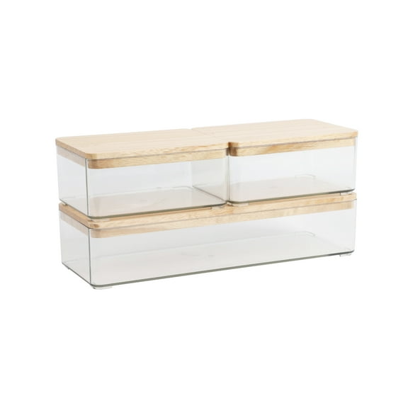 Martha Stewart Grady Set of 3 Clear Plastic Stackable Storage Boxes with Light Natural Paulownia Wood Lids