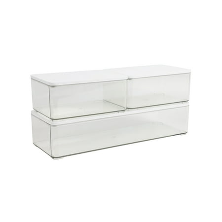 Martha Stewart Grady Set of 3 Clear Plastic Stackable Storage Boxes with White Engineered Wood Lids