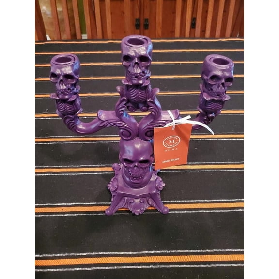 Martha Stewart Halloween 3 Arm Skull Gothic Candelabra Purple Candle Holders