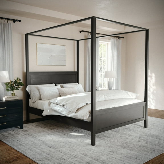 Martha Stewart Hayes Queen Size Solid Wood Canopy Platform Bed with Wood Headboard and Footboard, No Box Spring Needed, Dark Gray