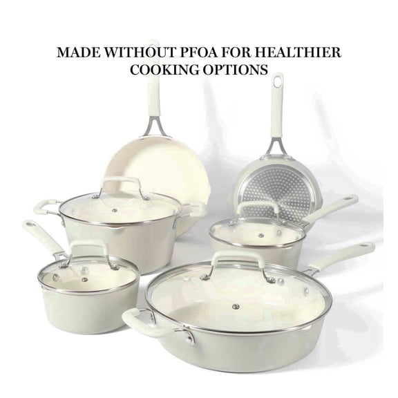 Martha Stewart Heathland Premium Nonstick Ceramic Interior 10-Piece Tapered Aluminum Cookware Set - Linen White