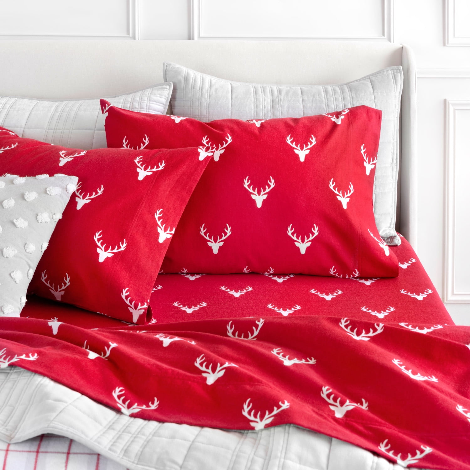 Martha Stewart Holiday Reindeer Cotton Flannel Print Sheet Set 180 GSM Twin Deep Red Walmart