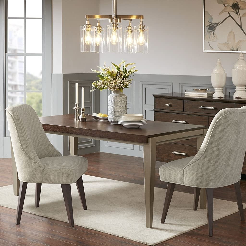 Beige Upholstered Dining Chairs with Dark Wood Legs, Set of 2