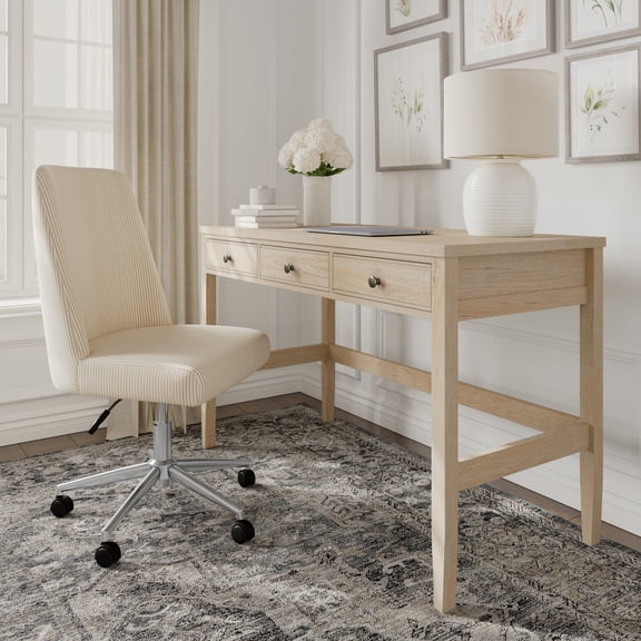 Martha Stewart Home Office 3 Drawer Desk with Tapered Legs in Light Natural with Antique Bronze Hardware