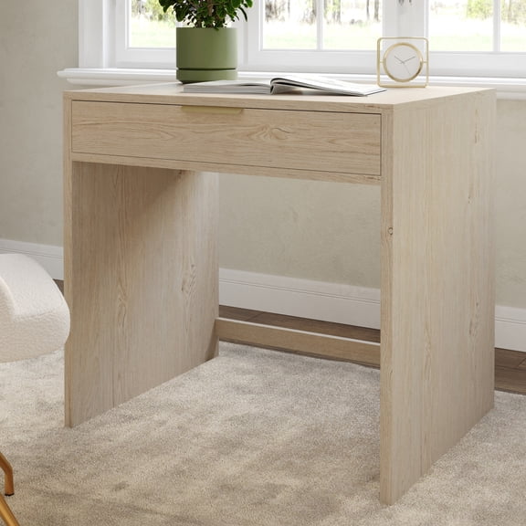 Martha Stewart Home Office Modular Single-Drawer Desk in Light Natural with Brushed Gold Hardware