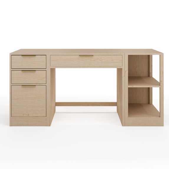 Martha Stewart Home Office Modular Single-Drawer Desk with 2 Tier Shelf and 3 Drawer File Cabinet in Light Natural with Brushed Gold Hardware