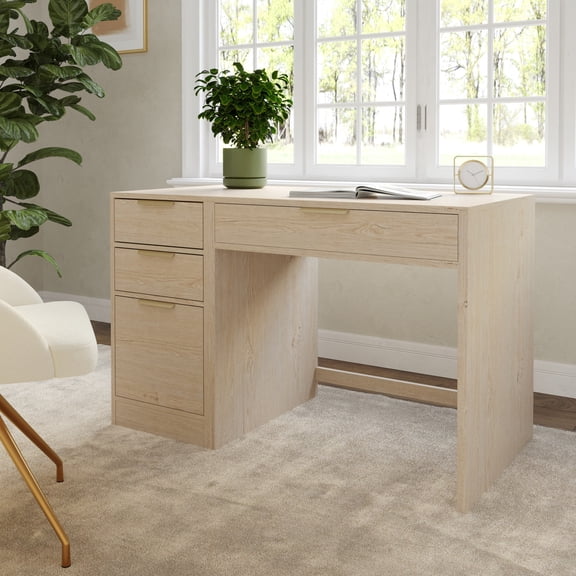 Martha Stewart Home Office Modular Single-Drawer Desk with 3 Drawer File Cabinet in Light Natural with Brushed Gold Hardware