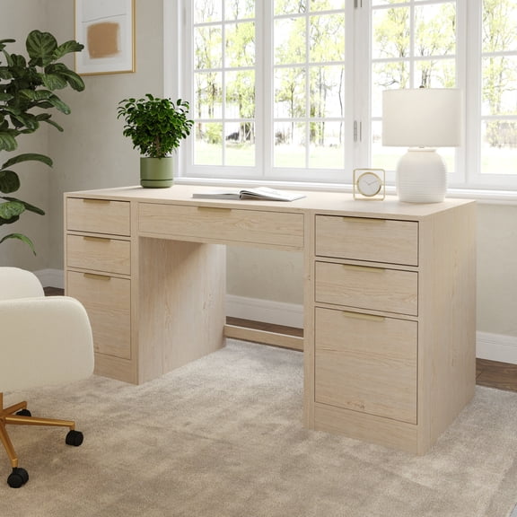 Martha Stewart Home Office Modular Single-Drawer Desk with Dual 3 Drawer File Cabinets in Light Natural with Brushed Gold Hardware