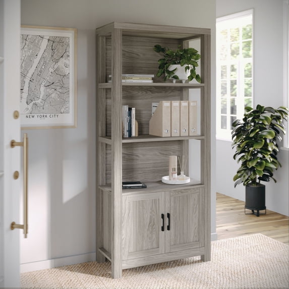 Martha Stewart Hutton Four Tier Shaker Style Bookcase with Storage Cabinet in Gray Washed Wood with Oil Rubbed Bronze Hardware