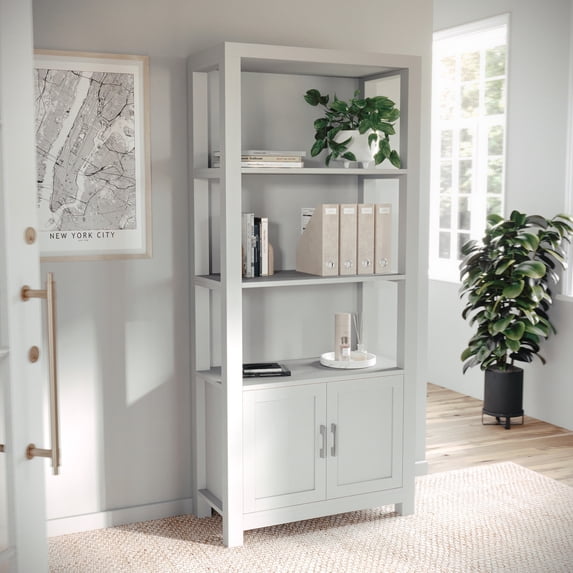 Martha Stewart Hutton Four Tier Shaker Style Bookcase with Storage Cabinet in Gray with Brushed Nickel Hardware
