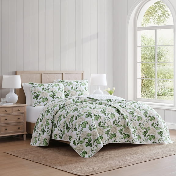 Martha Stewart Hydrangea Floral White & Taupe King Quilt Set, Lightweight Layered Bedding, Machine Washable