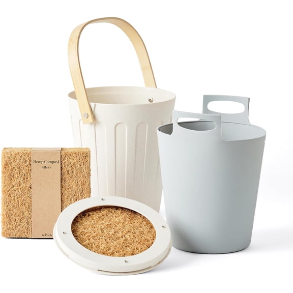 Martha Stewart Indoor Compost Bin Starter Bundle | Countertop Composting Bucket for Kitchen | .7 Gallon Capacity | Includes 6 Filters and Silicone Liner Bag | Plant Based Materials | Linen White