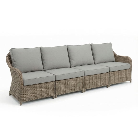 Martha Stewart Indoor-Outdoor 4 Seat Modular Patio Sofa in Weathered Gray Rattan Wicker with Gray All-Weather Cushions
