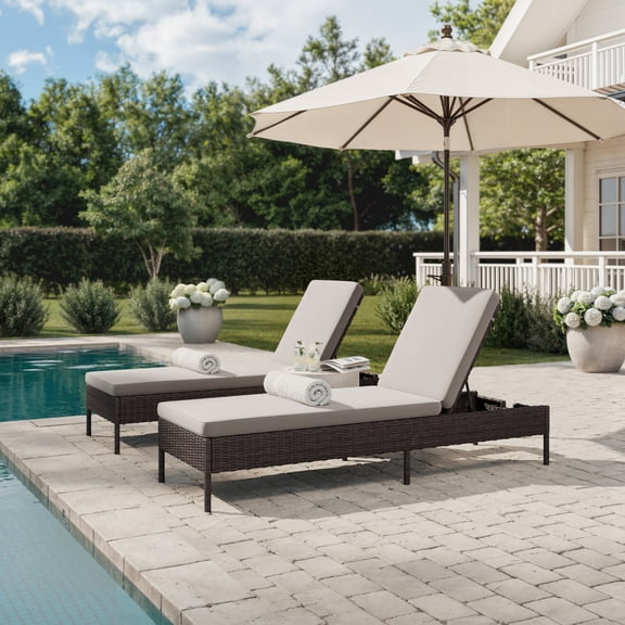 Martha Stewart Indoor-Outdoor Adjustable Patio Chaise Lounge Chair in Brown Rattan Wicker with Tan All-Weather Cushions