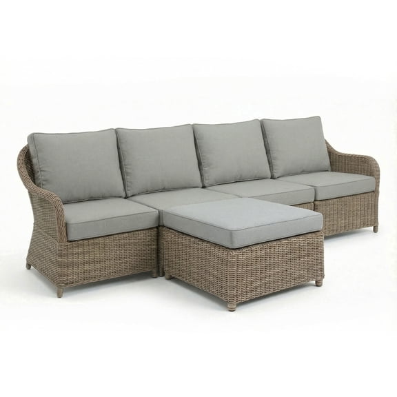 Martha Stewart Indoor-Outdoor Modular 4 Seat Patio Sofa with Ottoman in Weathered Gray Rattan Wicker with Gray All-Weather Cushions