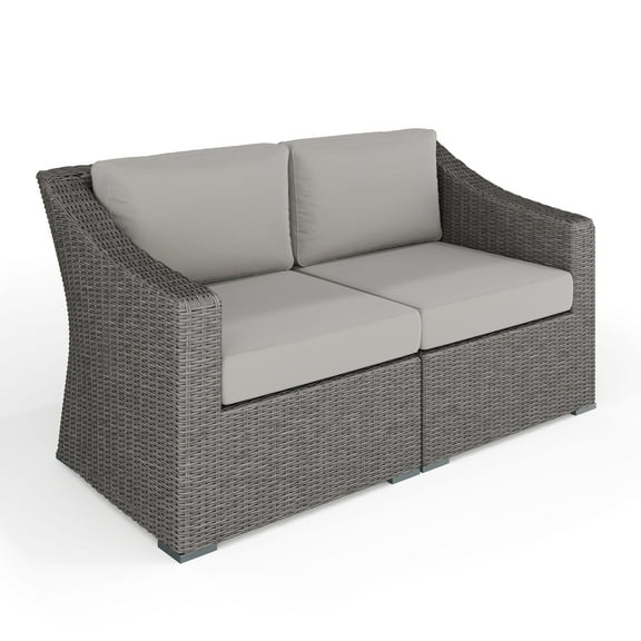 Martha Stewart Indoor-Outdoor Modular Patio Loveseat in Gray Rattan Wicker with Gray All-Weather Cushions