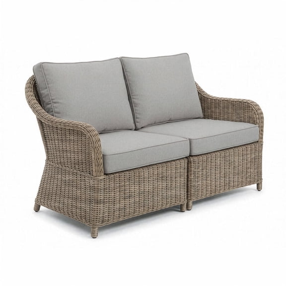 Martha Stewart Indoor-Outdoor Modular Patio Loveseat in Weathered Gray Rattan Wicker with Gray All-Weather Cushions