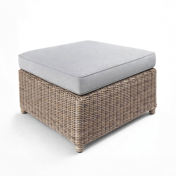 Martha Stewart Indoor-Outdoor Modular Patio Ottoman in Weathered Gray Rattan Wicker with 4 Inch Thick Gray All-Weather Cushion