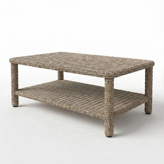 Martha Stewart Indoor-Outdoor Patio Coffee Table with Lower Storage Shelf in Weathered Gray Rattan Wicker