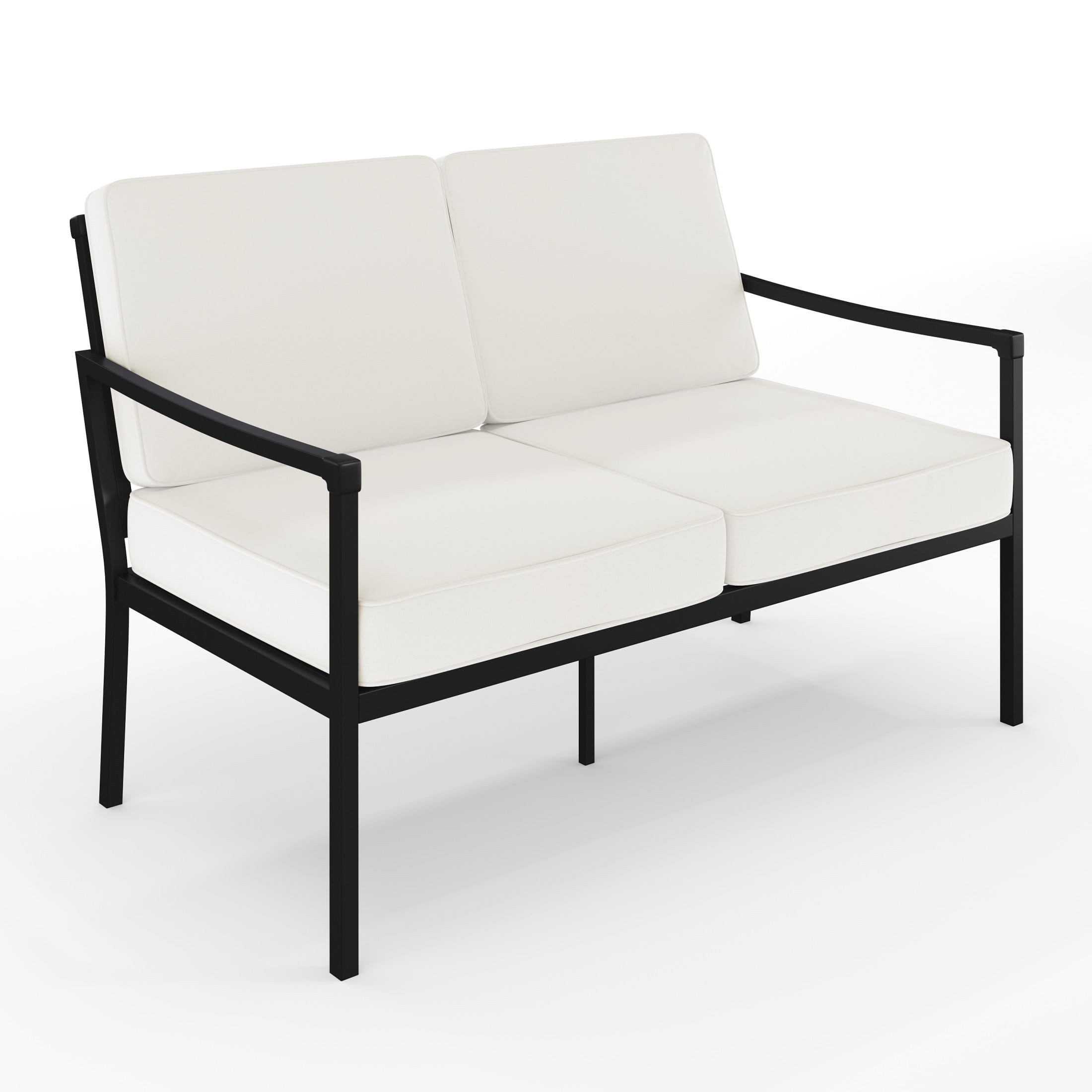 Martha Stewart Indoor-Outdoor Patio Loveseat with Steel Frame in Black with Cream All-Weather Cushions