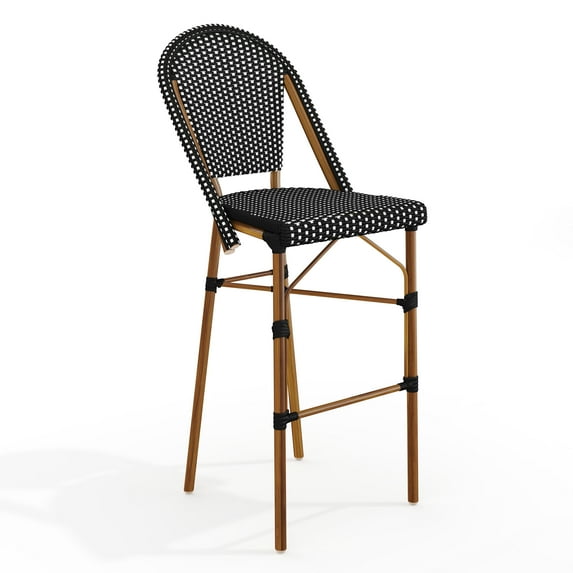 Martha Stewart Indoor-Outdoor Stackable Bistro Bar Stool with Natural Woodgrain Aluminum Finish Frame and Black/White Woven Rattan Back and Seat