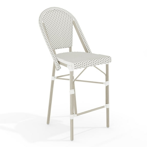 Martha Stewart Indoor-Outdoor Stackable Bistro Counter Stool with Gray Woodgrain Aluminum Finish Frame and White/Gray Woven Rattan Back and Seat