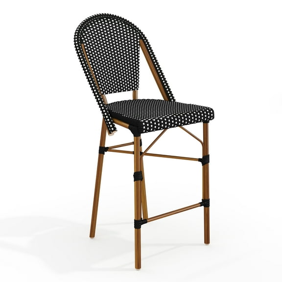 Martha Stewart Indoor-Outdoor Stackable Bistro Counter Stool with Natural Woodgrain Aluminum Finish Frame and Black/White Woven Rattan Back and Seat