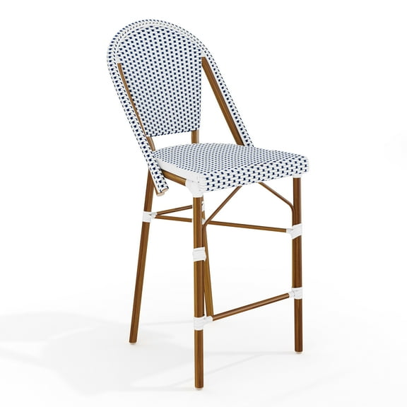 Martha Stewart Indoor-Outdoor Stackable Bistro Counter Stool with Natural Woodgrain Aluminum Finish Frame and White/Navy Woven Rattan Back and Seat