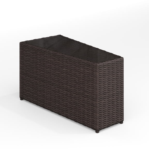 Martha Stewart Indoor-Outdoor Tapered Patio Side Table with Inset Tempered Glass Top in Brown Rattan Wicker
