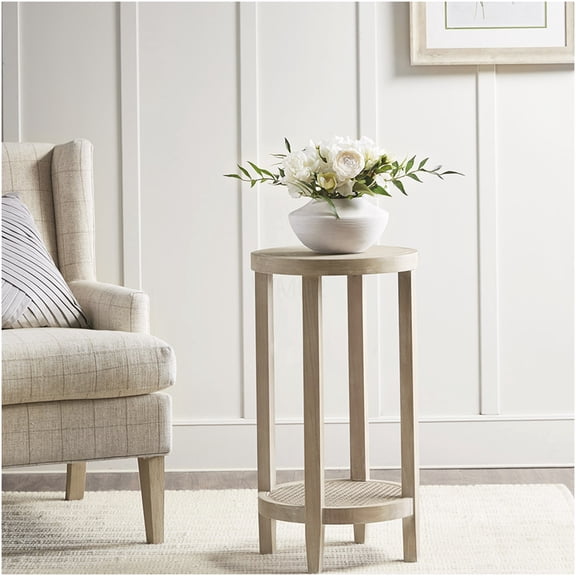 Martha Stewart Inspired Round Accent Table with Rattan Shelf, Reclaimed Wheat Finish for Farmhouse Decor