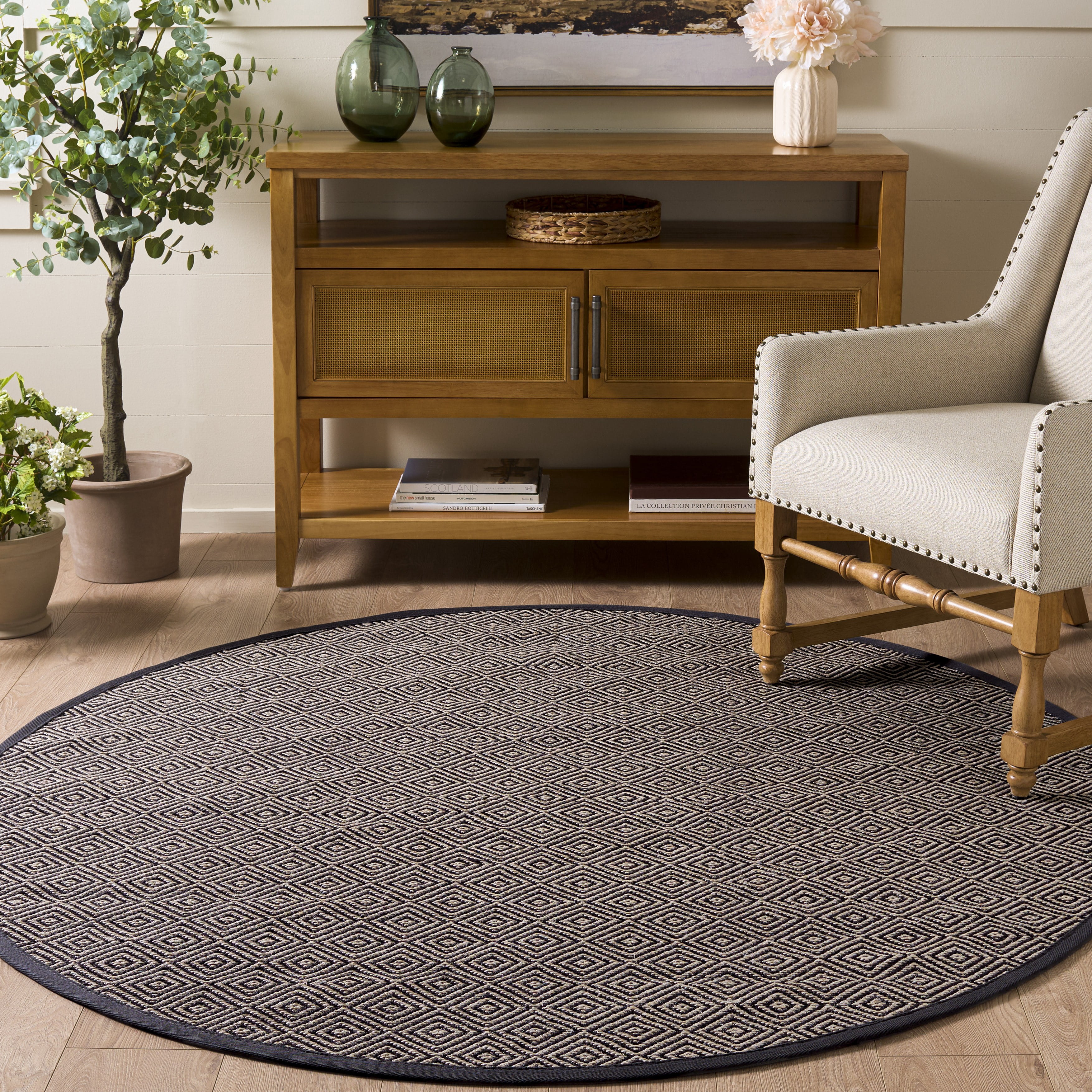 Safavieh Martha Stewart Natural Fiber Cyan Bordered Area Rug, Natural/Dark Gray, 6' x 6' Round